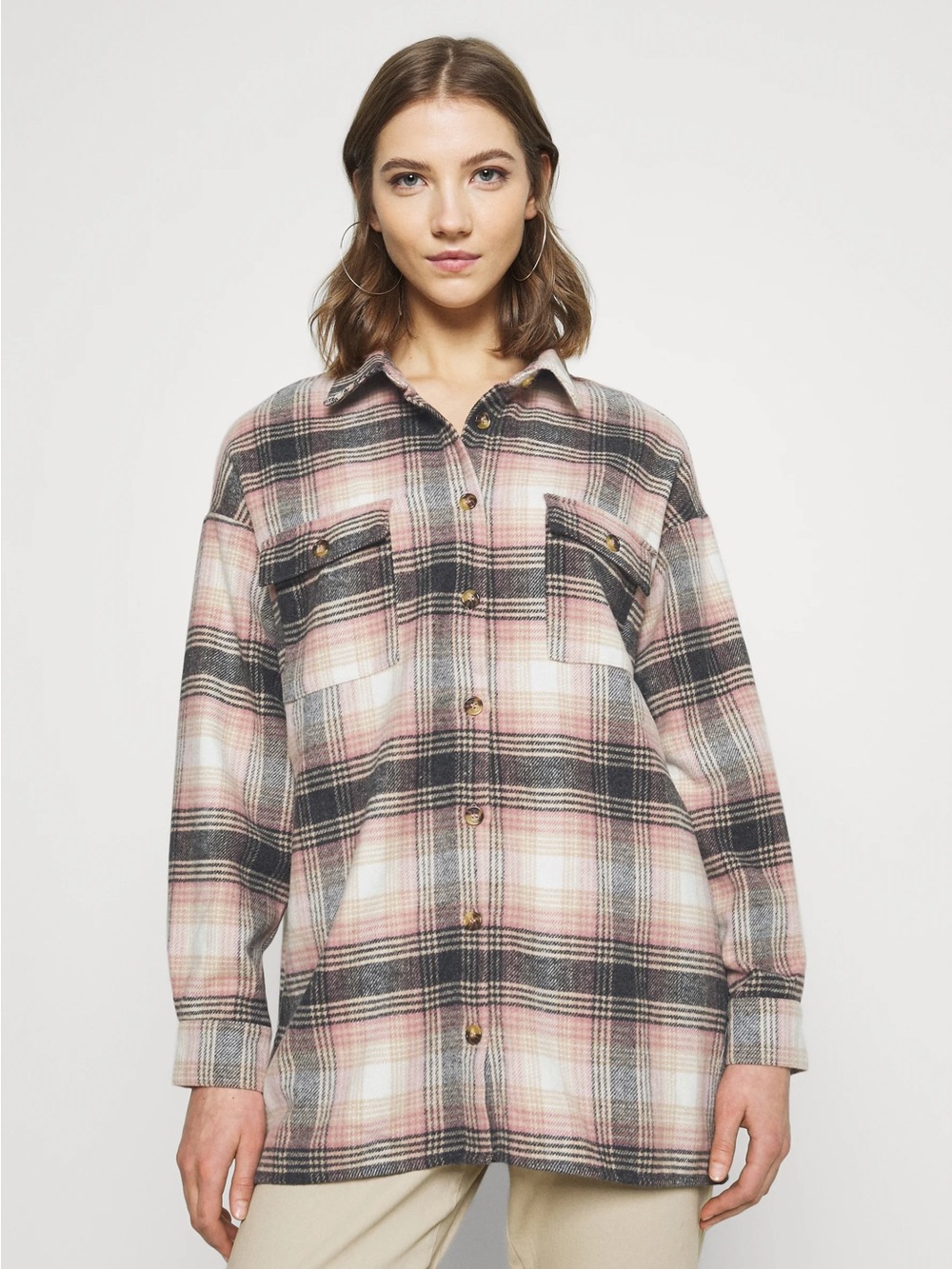 Noisy May Pink and Black Plaid Utility Shacket